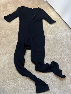 Black Ribbed Button-Front Jumpsuit